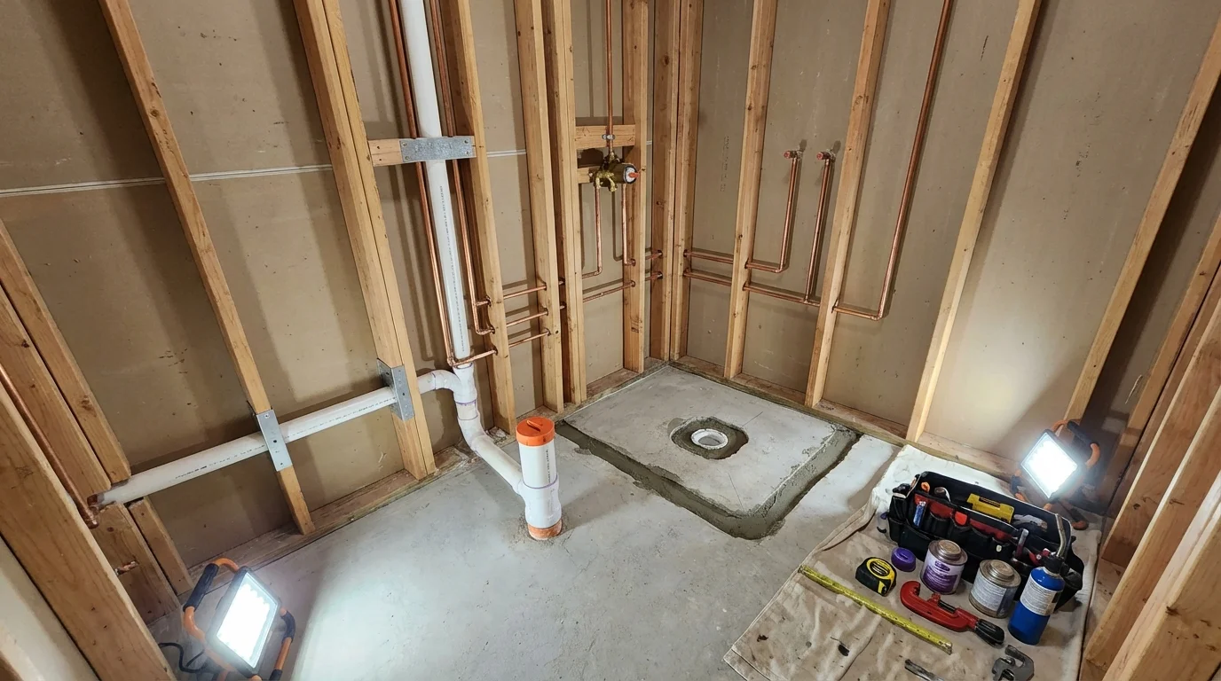 Bathroom rough-in plumbing during remodel by Johns Plumbing LLC in Bigfork