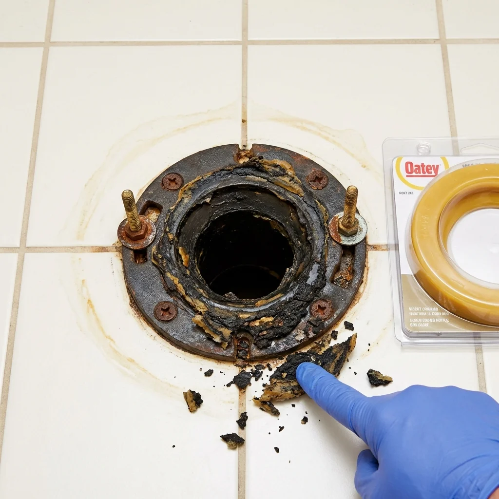 Failed wax ring showing water seepage at the base of a toilet in a Bigfork, MT home
