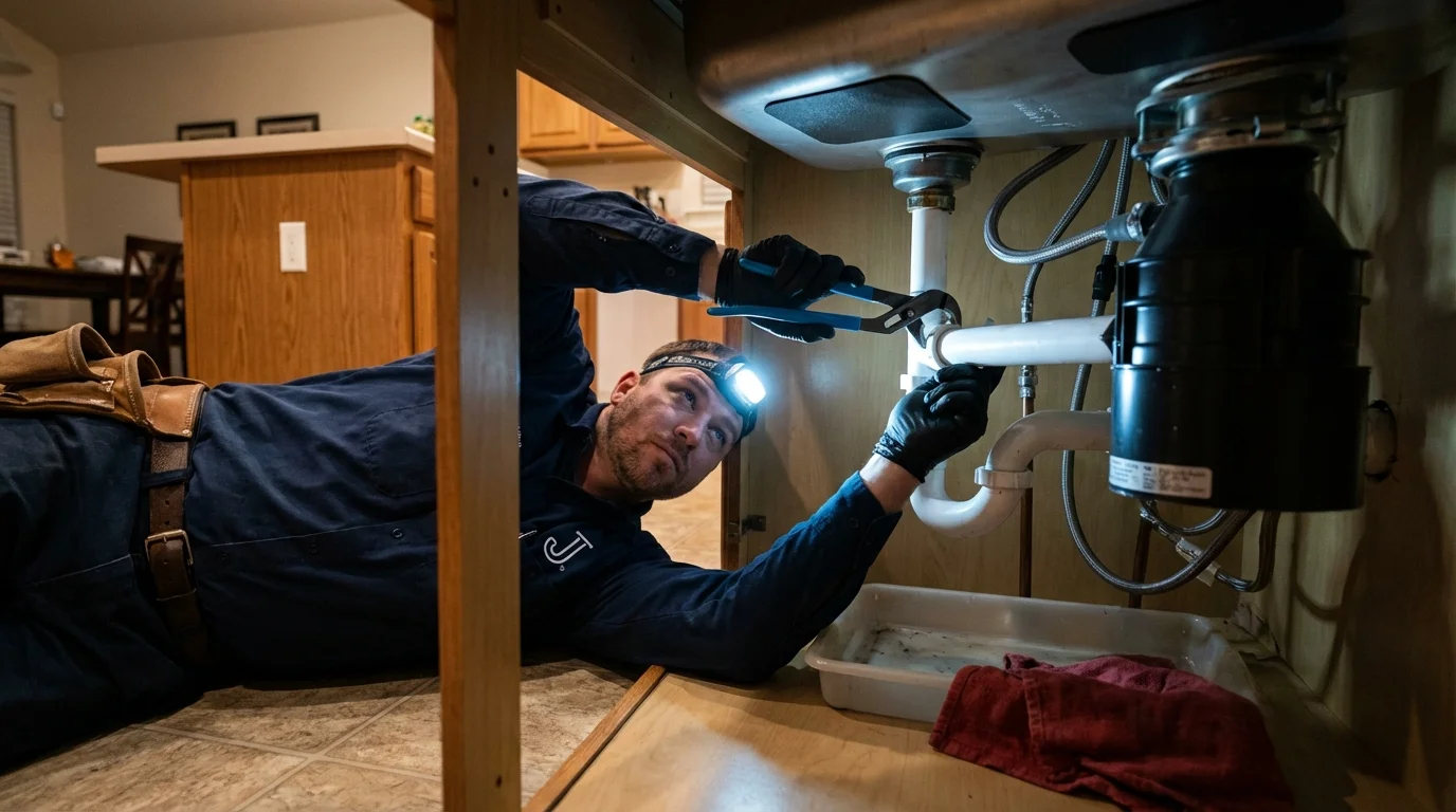 P-trap and supply line connections under a kitchen sink showing a common leak point in Bigfork, MT